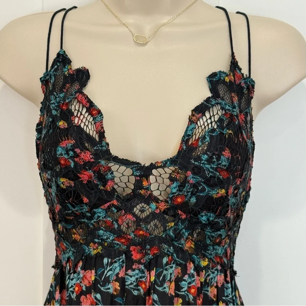 Free People Adella Printed Slip Mini Dress XS Black Combo Floral Festival Boho